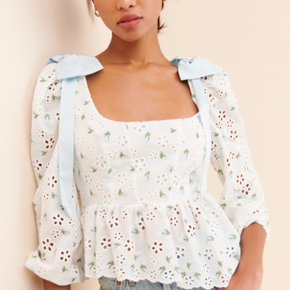 For Love & Lemons Floral Eyelet Peplum Top with Blue Ribbon